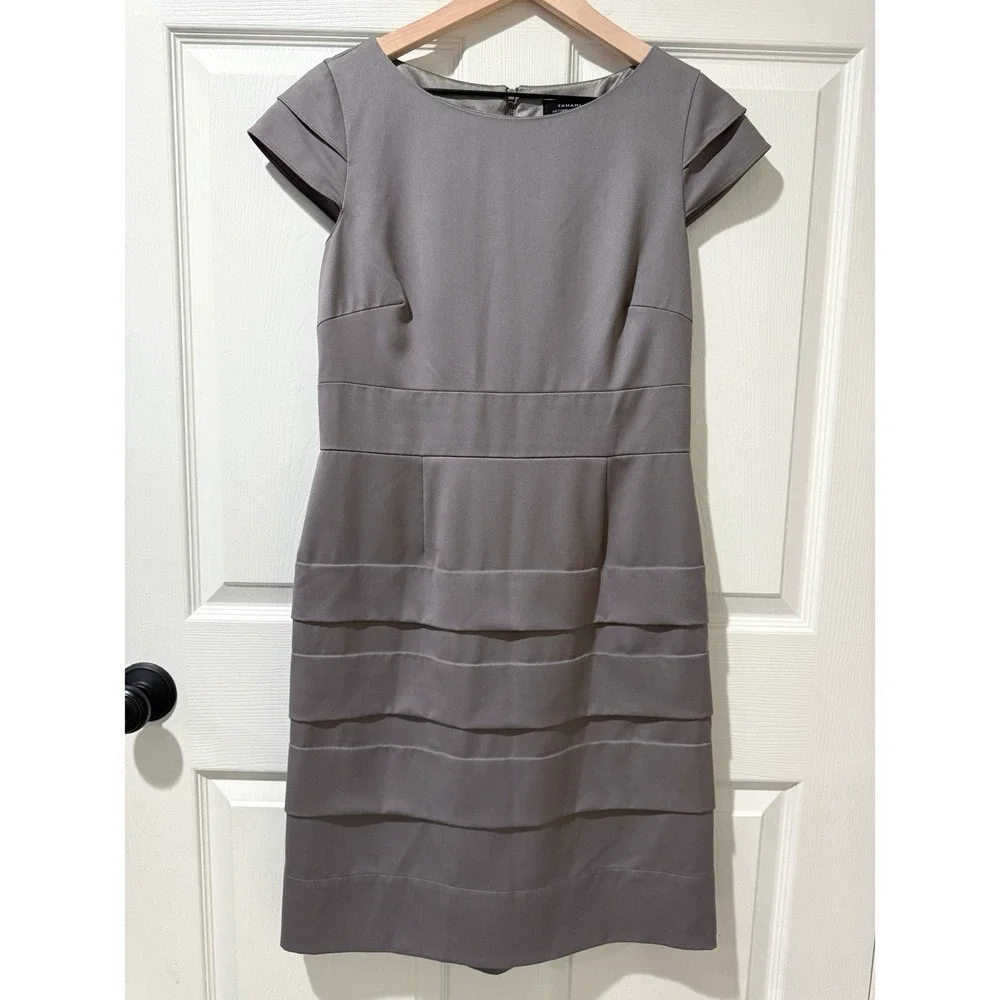 Tahari Arthur Levine Gray Layered Cap Sleeve Sheath Dress Career Minimal 8